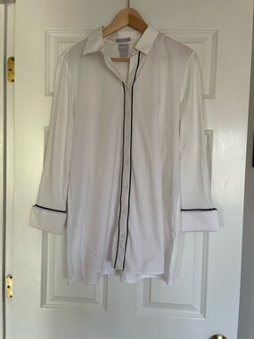 Chico's White Button-Up Shirt with Black Piping